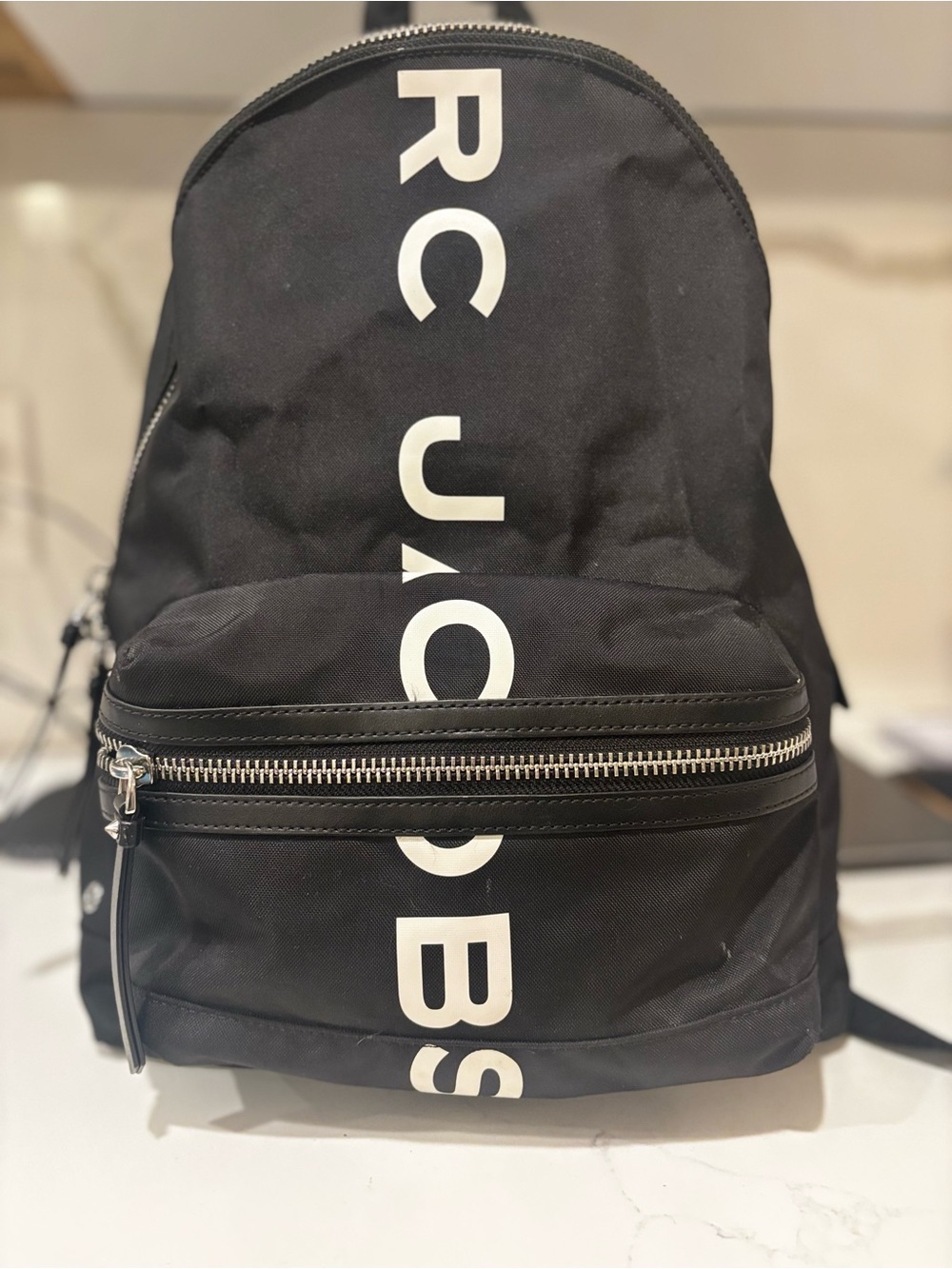 Marc Jacobs Black Backpack with White Vertical Logo